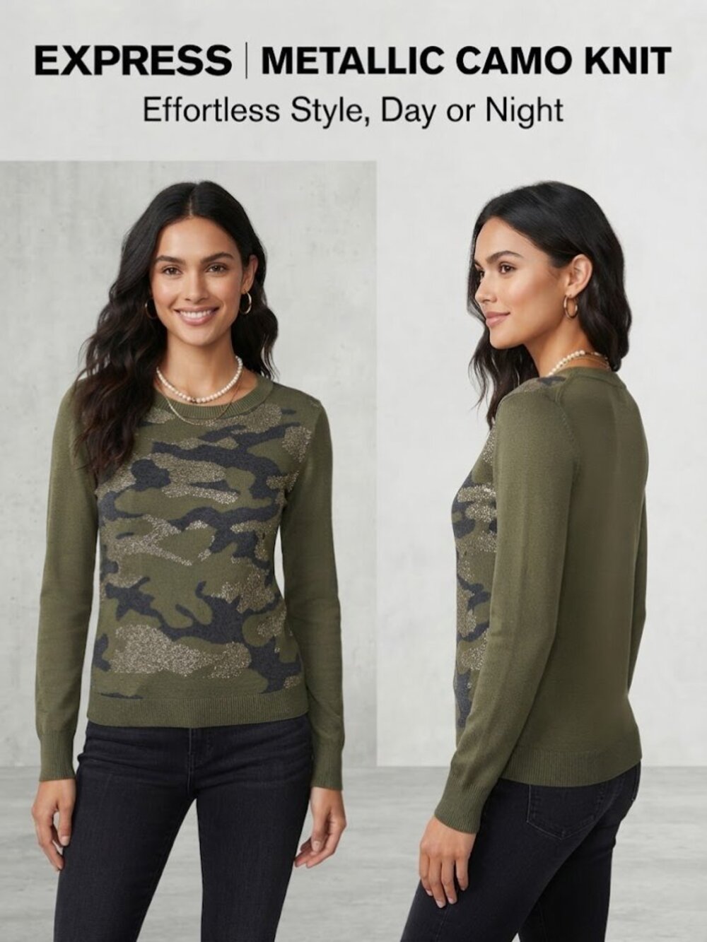 Express Green Grey Camo Sequin Women's Long Sleeve Crewneck Sweater Size Medium